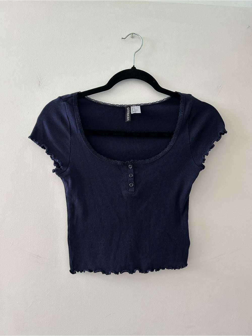 H&M Navy Ribbed Scoop Neck Crop Top with Button Front